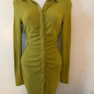 PrettyLittleThing Yellow Green Ruched Long Sleeve Dress